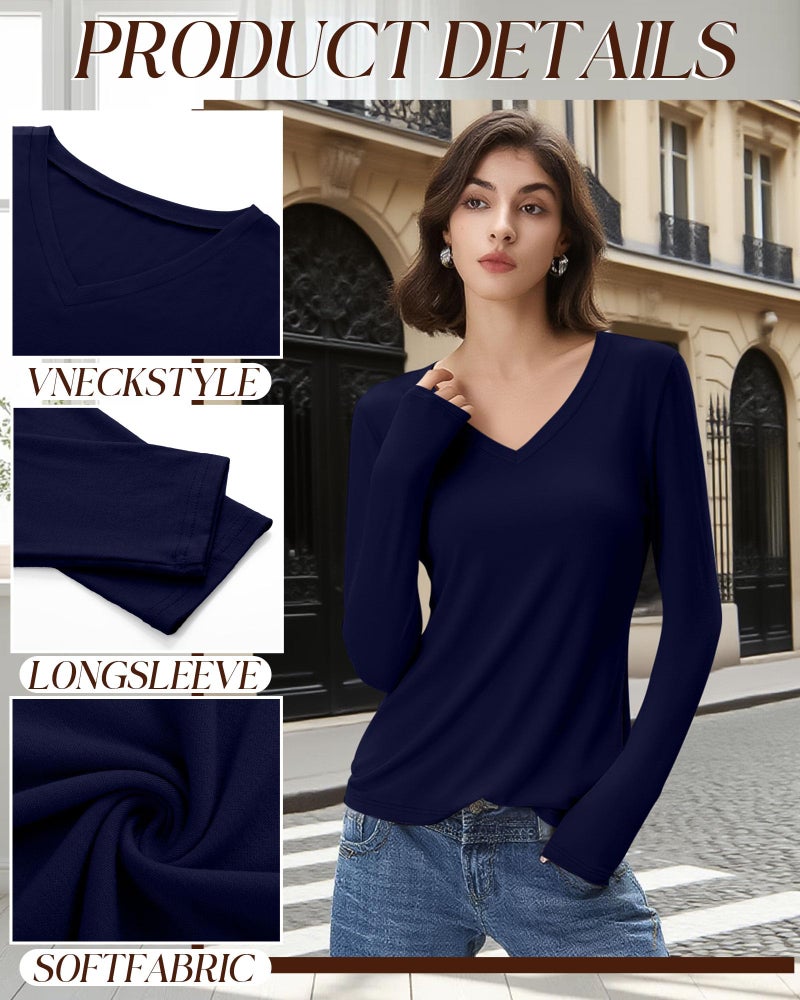 Huukeay 4 Pack Women's V Neck Long Sleeve T Shirts Basic Tops Casual Fall Loose Fit Blouse Tee Clothes Fashionable Outfits(Black, White, Navy Blue, Wine Red,Medium) - Image 4