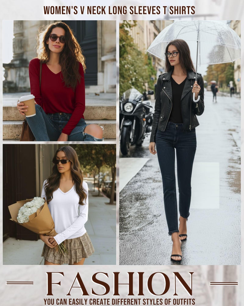 Huukeay 4 Pack Women's V Neck Long Sleeve T Shirts Basic Tops Casual Fall Loose Fit Blouse Tee Clothes Fashionable Outfits(Black, White, Navy Blue, Wine Red,Medium) - Image 3