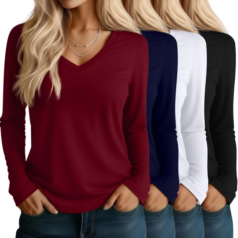 Huukeay 4 Pack Women's V Neck Long Sleeve T Shirts Basic Tops Casual Fall Loose Fit Blouse Tee Clothes Fashionable Outfits(Black, White, Navy Blue, Wine Red,Medium) - Image 1