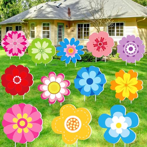 Amyhill 12 Pcs Spring Flower Yard Signs Decoration for Outdoor Floral Garden Lawn Signs with Stakes Waterproof Hello Spring Decor for Easter Festive Holiday Party Patio Lawn Walkway Decorations - Image 1