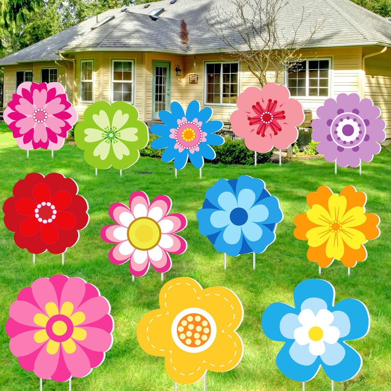 Amyhill 12 Pcs Spring Flower Yard Signs Decoration for Outdoor Floral Garden Lawn Signs with Stakes Waterproof Hello Spring Decor for Easter Festive Holiday Party Patio Lawn Walkway Decorations - Image 2