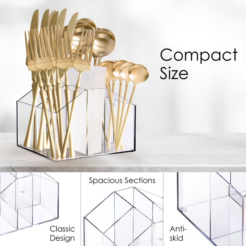 Elavain Clear Acrylic Silverware Organizer for Kitchen Utensil Holder | Dining, Entertaining & Party Silverware Caddy | Spoons, Forks & Napkin Holder, Storage Organizer & Countertop Cutlery Organizer - Image 2
