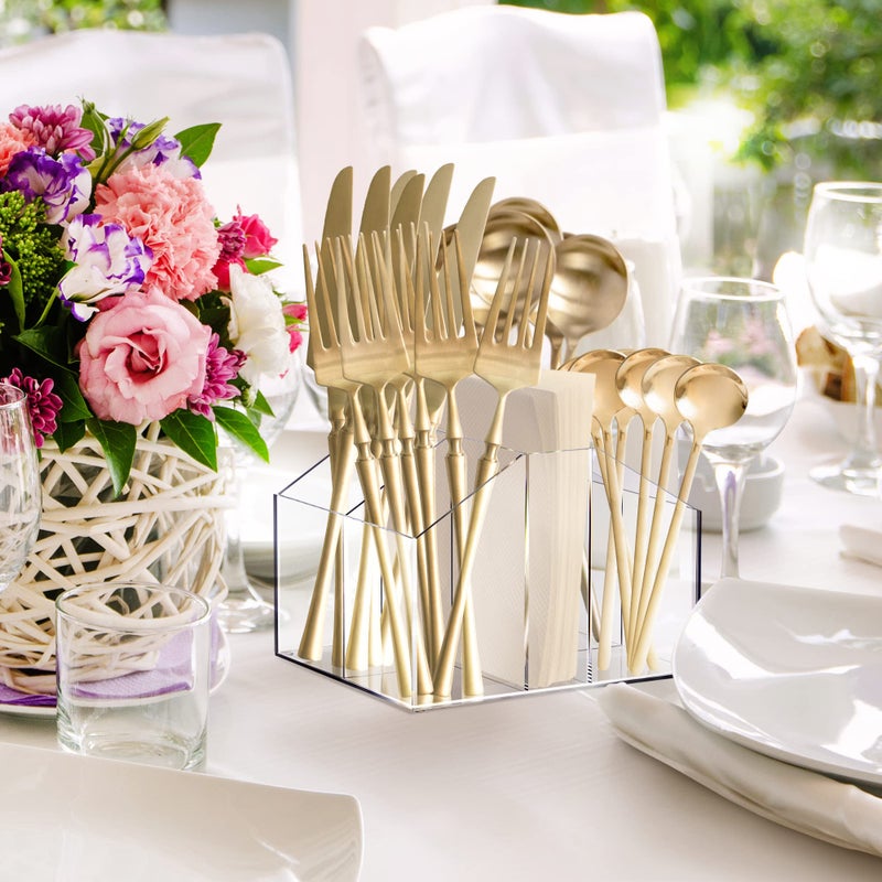 Elavain Clear Acrylic Silverware Organizer for Kitchen Utensil Holder | Dining, Entertaining & Party Silverware Caddy | Spoons, Forks & Napkin Holder, Storage Organizer & Countertop Cutlery Organizer - Image 4