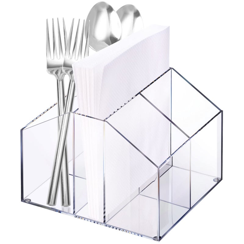 Elavain Clear Acrylic Silverware Organizer for Kitchen Utensil Holder | Dining, Entertaining & Party Silverware Caddy | Spoons, Forks & Napkin Holder, Storage Organizer & Countertop Cutlery Organizer - Image 1