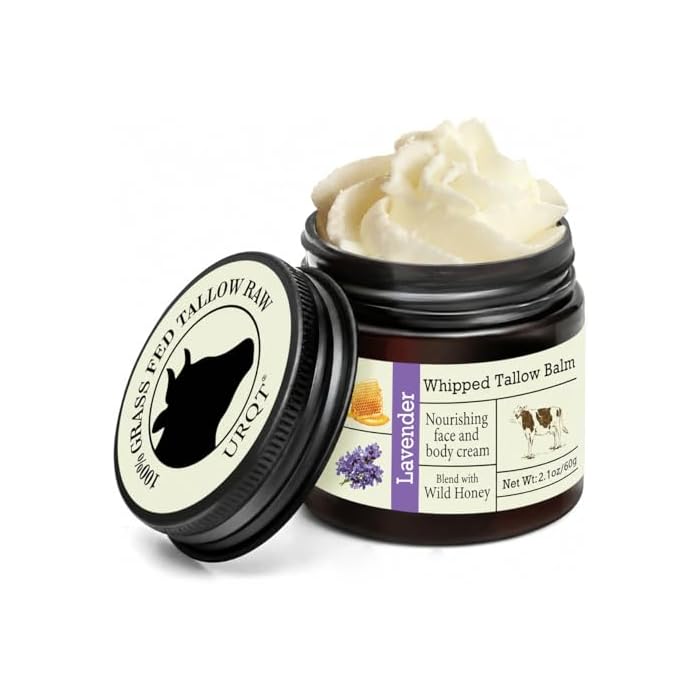 URQT Whipped Tallow Balm – Organic Grass-Fed Beef Tallow for Skin with Honey & Lavender – Deeply Moisturizing Natural Skin Care for Face & Body – Soft & Supple