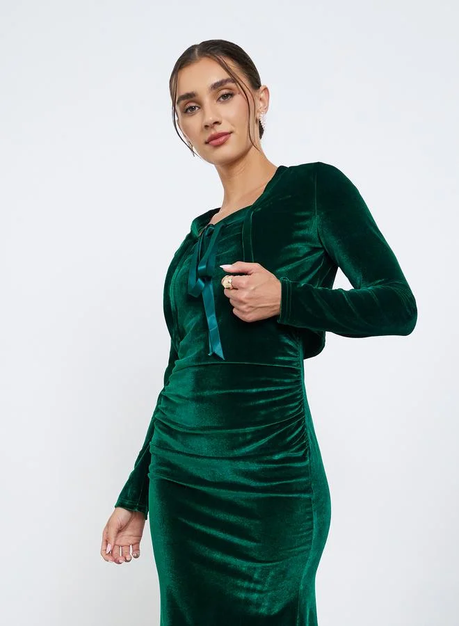 Styli Green Velvet Look Midi Dress with Bolero
