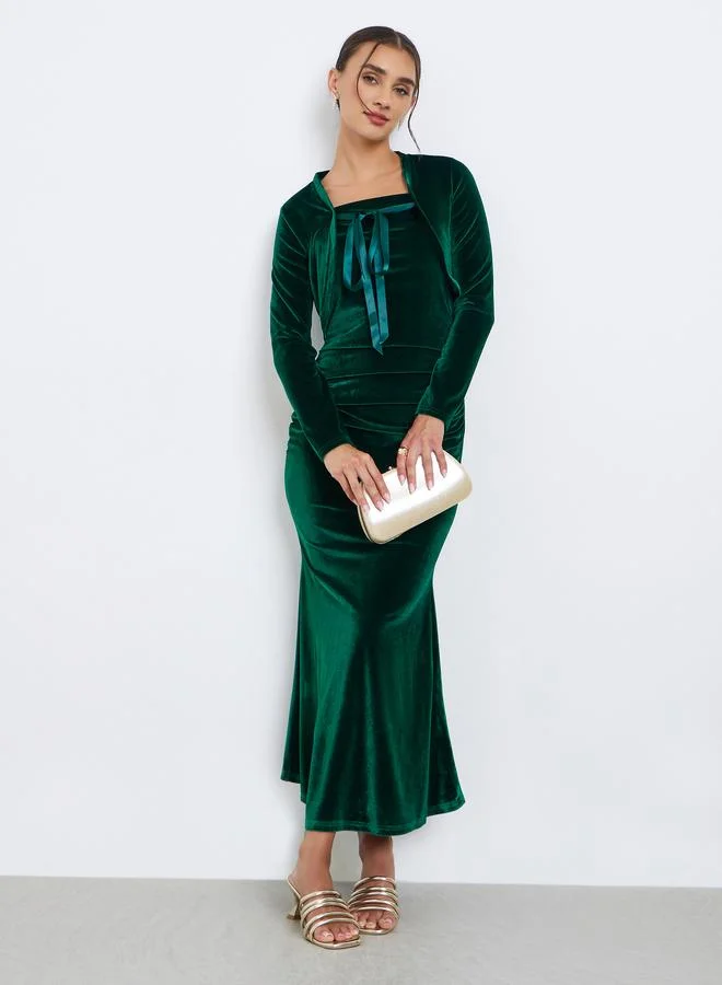 Styli Green Velvet Look Midi Dress with Bolero