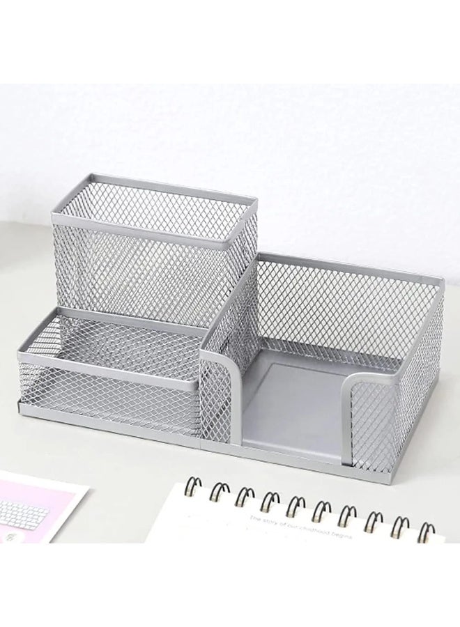 Silver Metal Mesh Desk Organizer - Metal Pen Holder for Organizing Stationery Supplies - Desktop Organizer Tray for Office, Home, School - Image 1