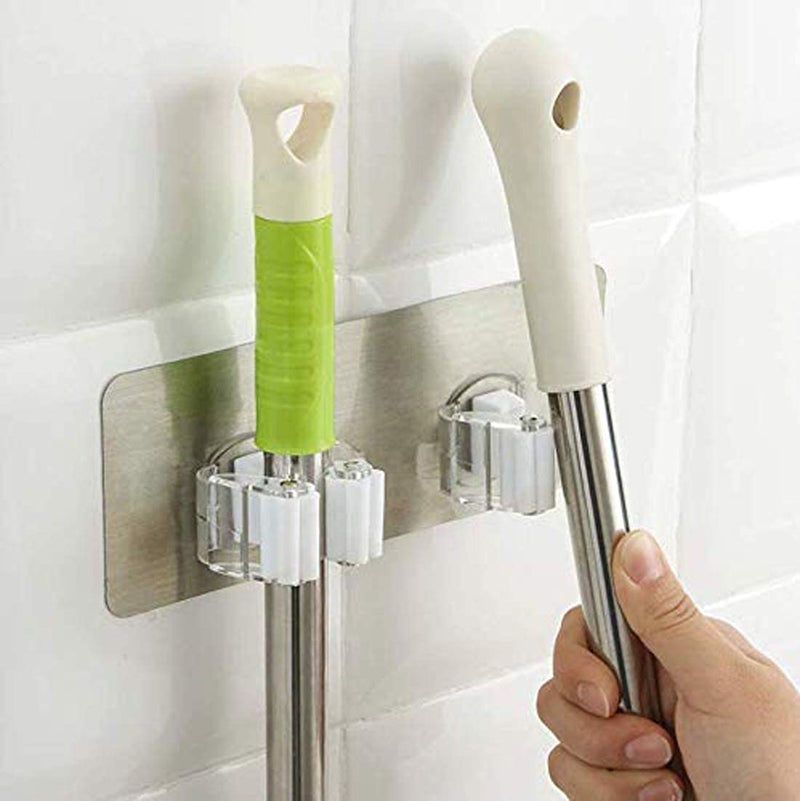 CLIXERA Clixera Plastic Wall Mounted Self Adhesive Sticker 2 Mop and Broom Holder18 x 7 x 3 cm Silver 1 Pcs - Image 1