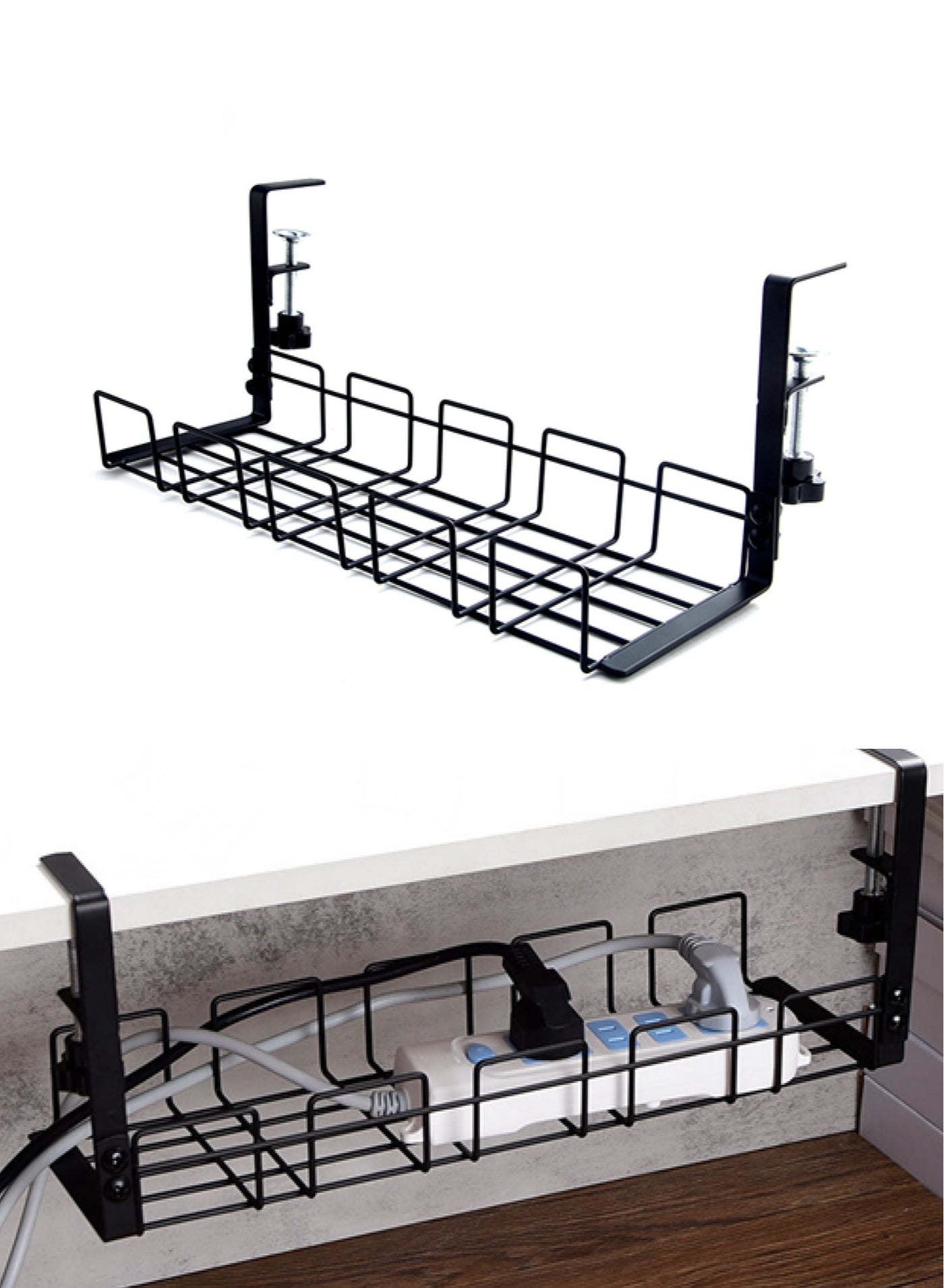 Under Desk Cable Management, Metal Under Desk Table Rack Tray with Clamp, No Drill No Damage Sturdy Cable Organizer Holder for Computer Wire Management, for Office, Home (Black)