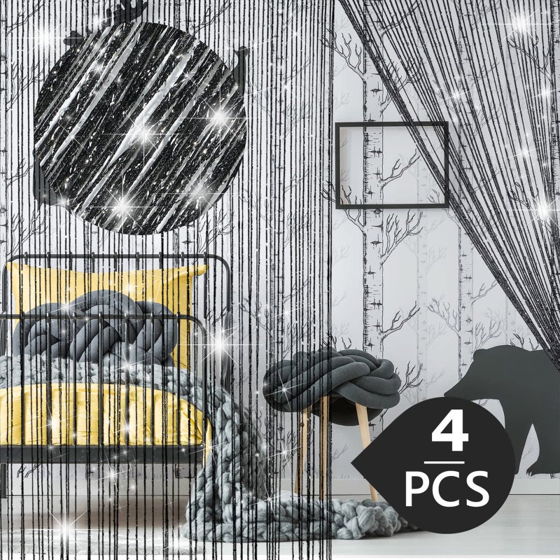 WILLBOND 4 Pcs String Curtains Glitter Fringe Curtains for Window 79 x 39 Inch Door Divider Strip Tassel for Wedding Living Room Bathroom Coffee ShopBlack
