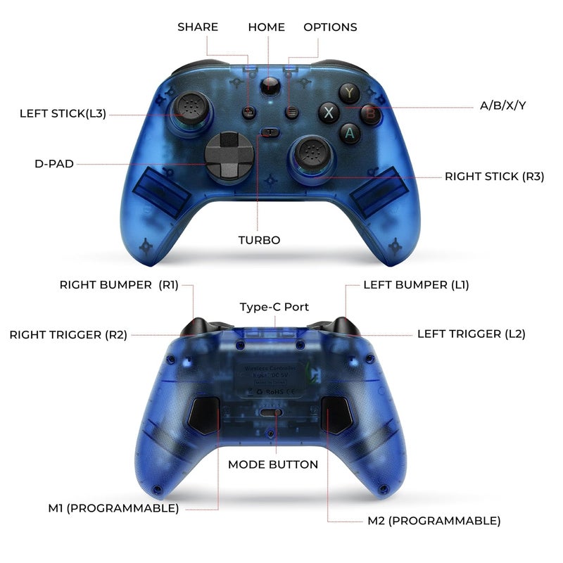 NITHO SMART 2 Wireless Controller for Switch, PC, Android & iOS | Gaming Gamepad with Hall Effect Trigger & Stick, Adjustable Turbo & Vibration, 6-Axis Motion Sensor, Programmable Buttons - Blue - Image 2