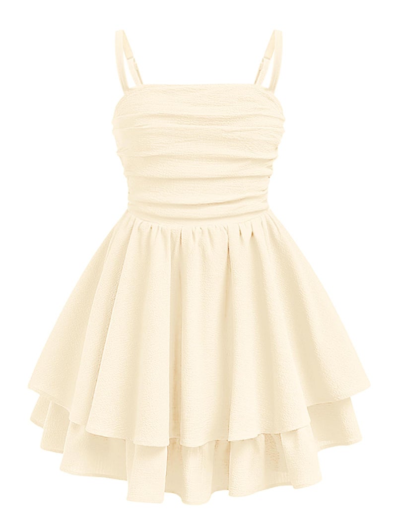 EXARUS Girls Dress Beige Teen Easter Church Formal Back to School Homecoming Dance Casual Tween Swing Ruched Flowy Ruffle Summer Spaghetti Strap Adjustable Outfits Dresses Cami for 8 Years - Image 1