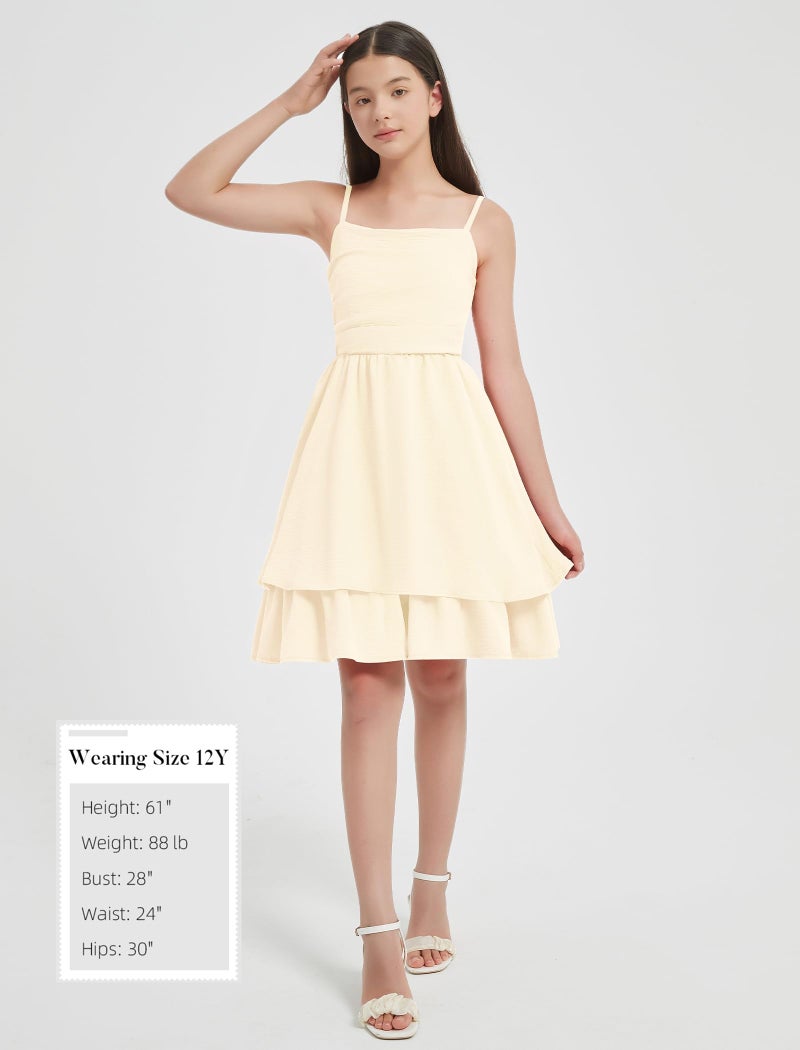 EXARUS Girls Dress Beige Teen Easter Church Formal Back to School Homecoming Dance Casual Tween Swing Ruched Flowy Ruffle Summer Spaghetti Strap Adjustable Outfits Dresses Cami for 8 Years - Image 5