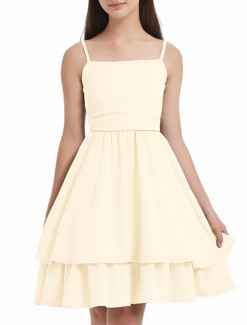 EXARUS Girls Dress Beige Teen Easter Church Formal Back to School Homecoming Dance Casual Tween Swing Ruched Flowy Ruffle Summer Spaghetti Strap Adjustable Outfits Dresses Cami for 8 Years - Image 2