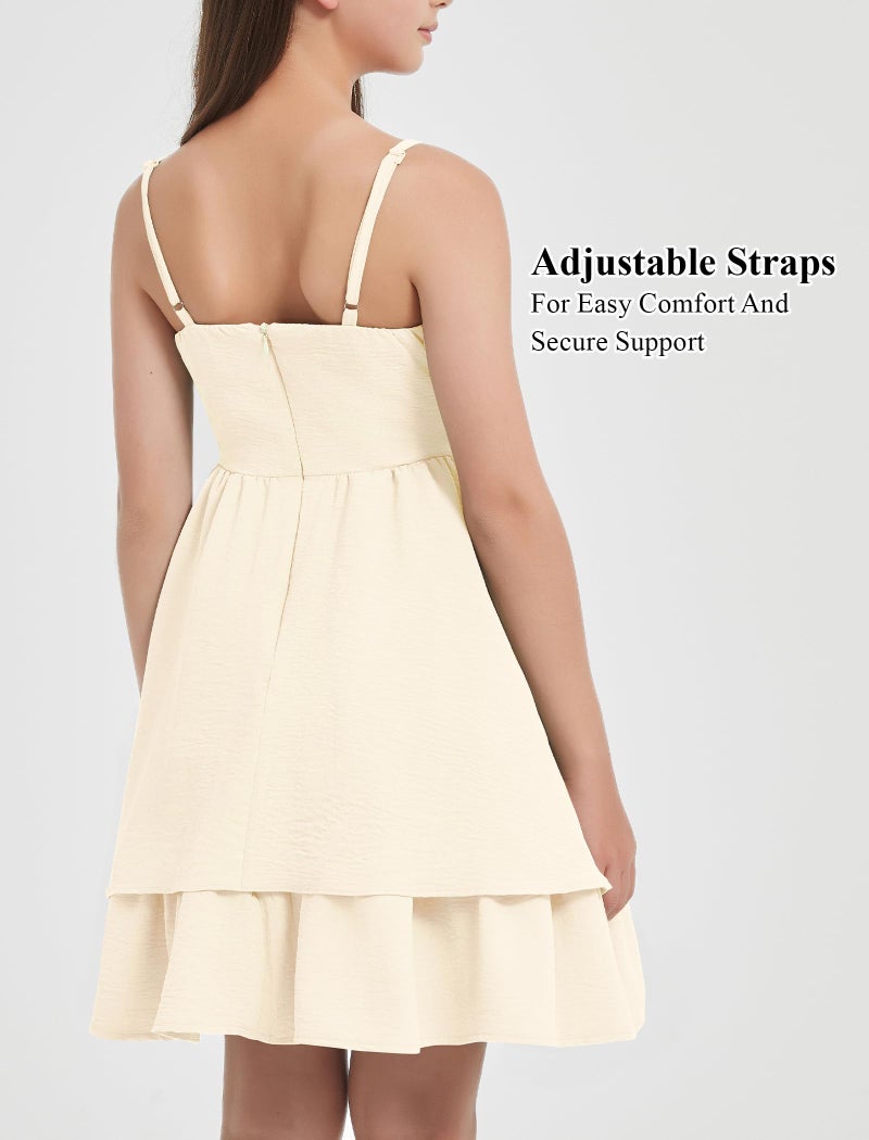 EXARUS Girls Dress Beige Teen Easter Church Formal Back to School Homecoming Dance Casual Tween Swing Ruched Flowy Ruffle Summer Spaghetti Strap Adjustable Outfits Dresses Cami for 8 Years - Image 4