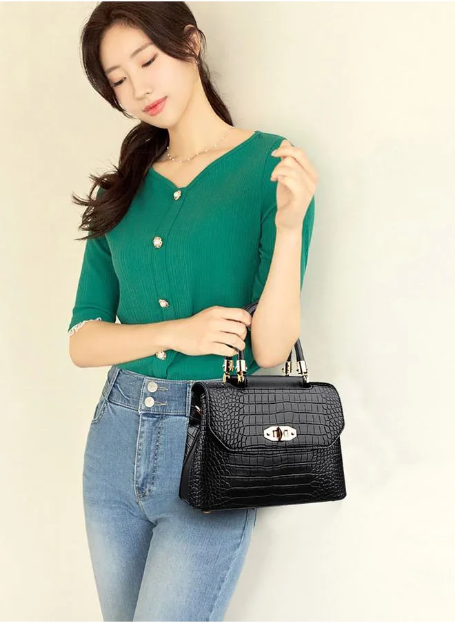 ستايلي Croc Textured Handbag with Turn Lock Closure