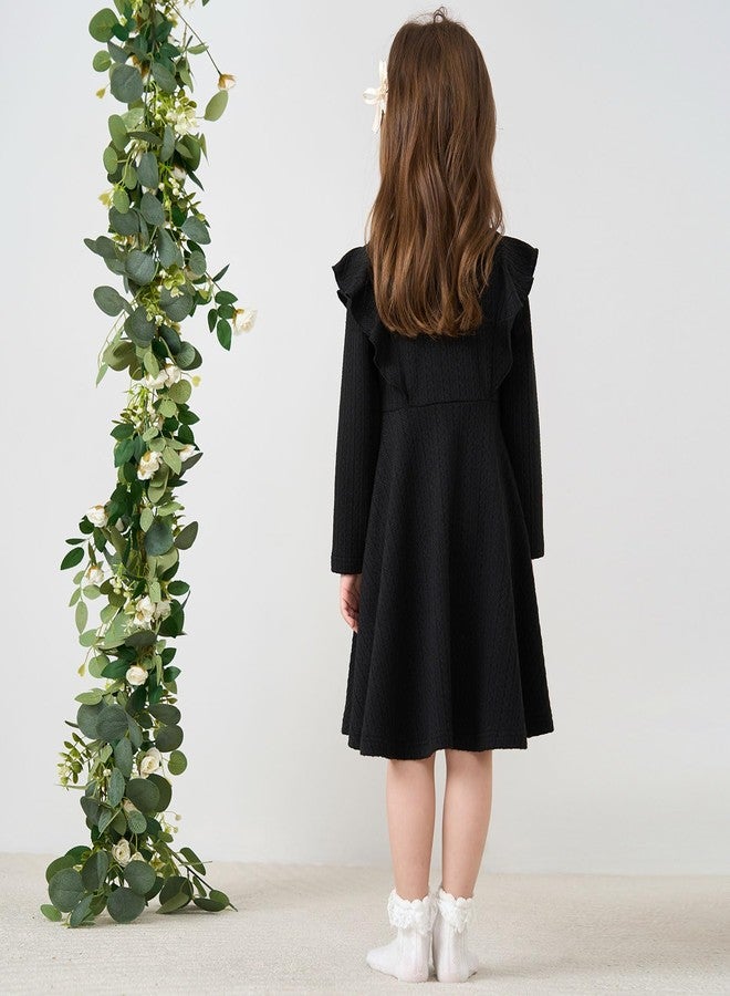 pureborn Toddler Girl Sweater Dress Ribbed Knit Ruffle Long Sleeve Swing Fall Winter Dresses Solid Black 4-5 Years - Image 3