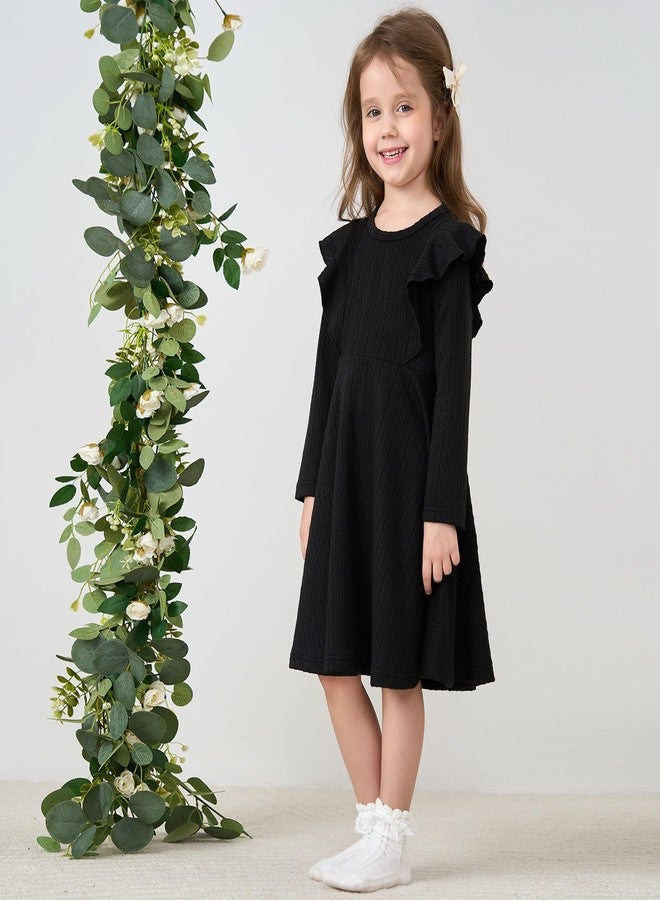 pureborn Toddler Girl Sweater Dress Ribbed Knit Ruffle Long Sleeve Swing Fall Winter Dresses Solid Black 4-5 Years - Image 2