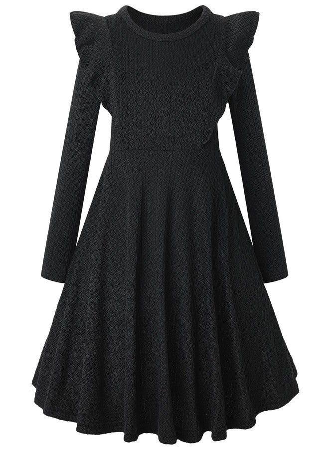 pureborn Toddler Girl Sweater Dress Ribbed Knit Ruffle Long Sleeve Swing Fall Winter Dresses Solid Black 4-5 Years - Image 1
