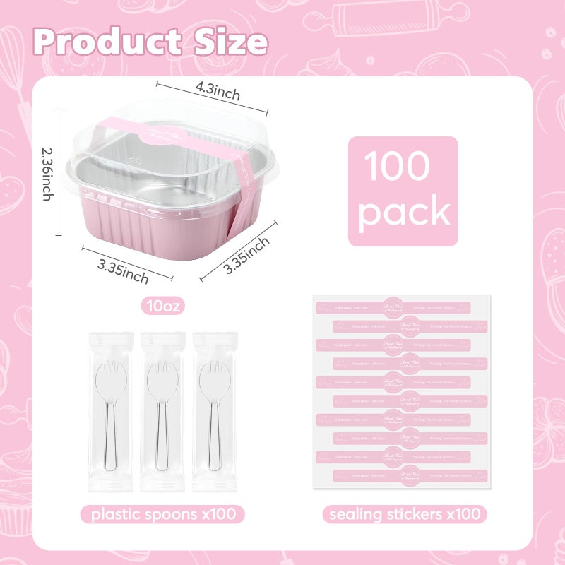 Ruckae 10oz 100 Pcs Square Mini Loaf Pans with Lids-Disposable Foil Dessert Containers,Mini Cake Pans with Lids,Aluminum Dessert Cups for Parties and Weddings (Pink, 10oz) - Image 2