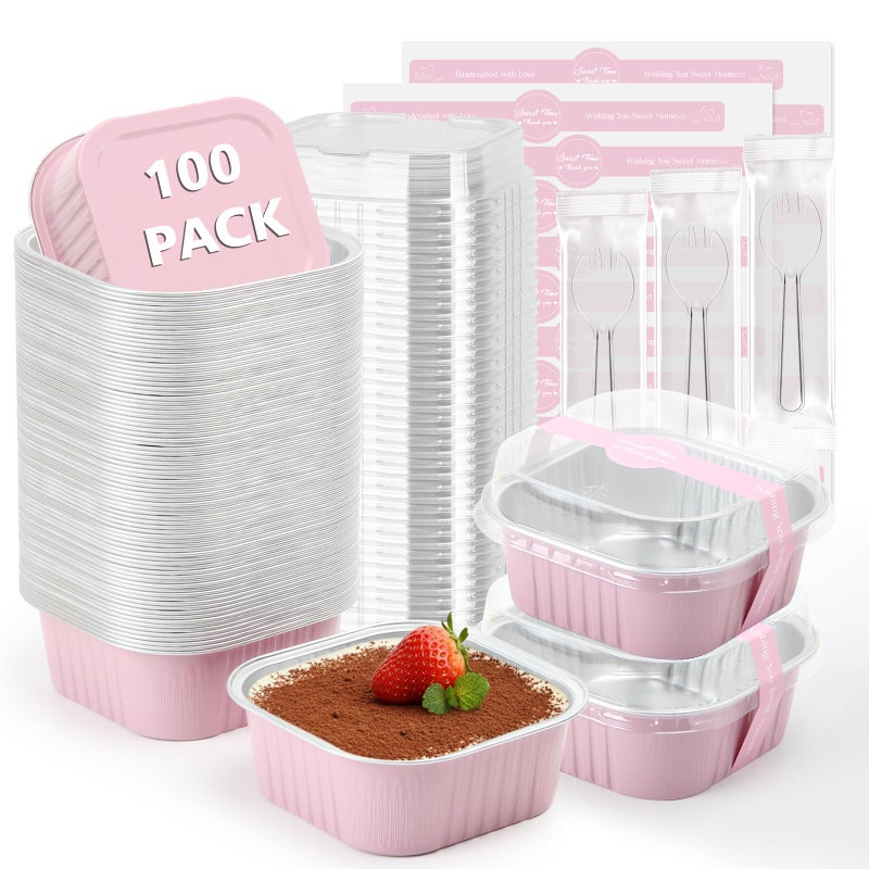 Ruckae 10oz 100 Pcs Square Mini Loaf Pans with Lids-Disposable Foil Dessert Containers,Mini Cake Pans with Lids,Aluminum Dessert Cups for Parties and Weddings (Pink, 10oz) - Image 1