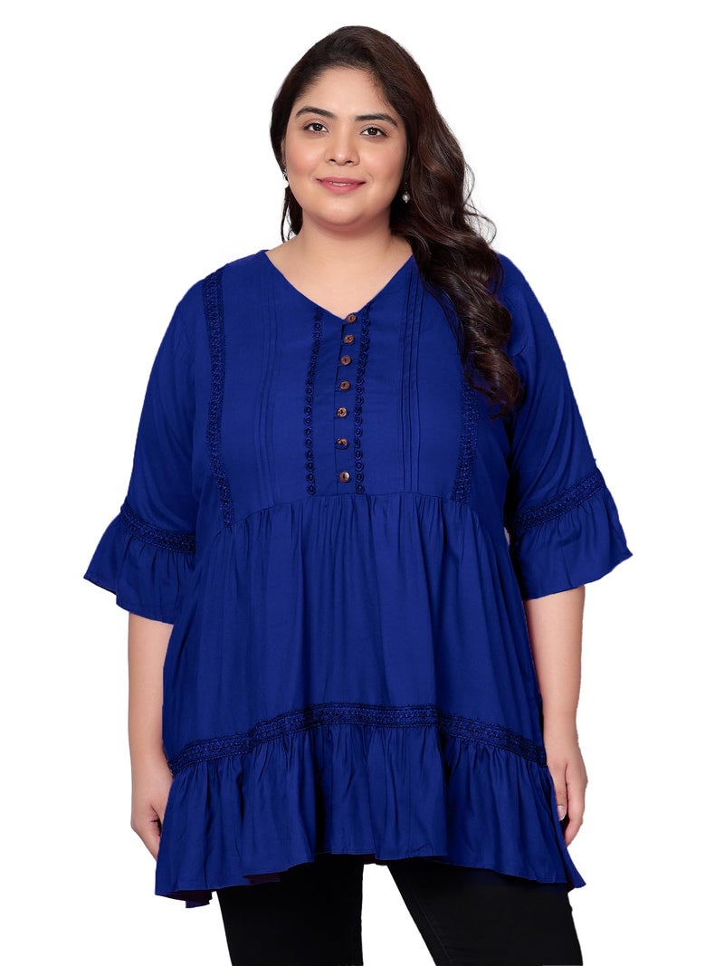 Indietoga Women's Plus Size Tiered Longline Tunic Top with Pockets (P10001582_Blue Solid_5XL) - Image 1