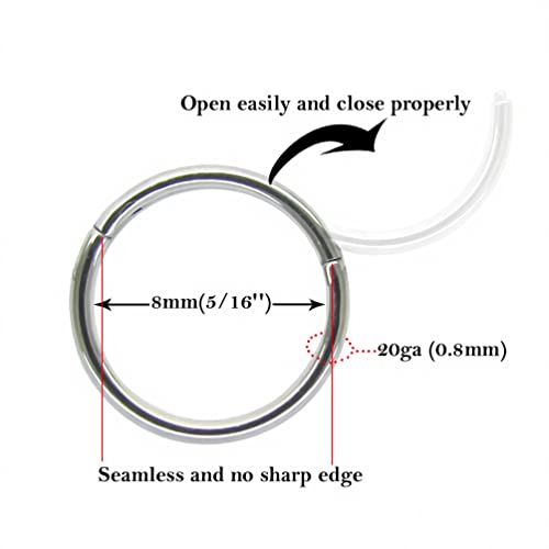 NewkeepsR 1PC-0.8mm(20g) Nose Hoop Seamless Ring, Steel Snap Hinged Clicker Segment Earring Cartilage Helix Piercing-8mm - Image 2