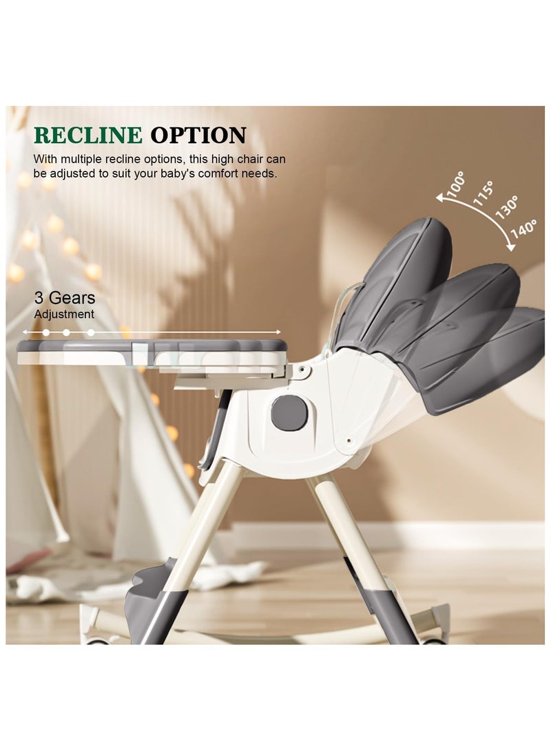 NANAO 4-1 Convertible Baby High Chair,Foldable Kids Feeding Chair | Infant Dining Chair,Toddlers Rocking Chair with Adjustable Height,Recliner Chair & 3 Gears Food Tray for Babies (Grey) - Image 4