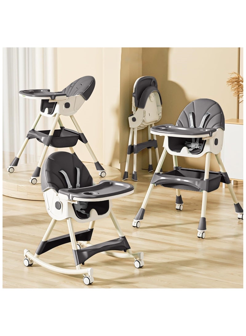 NANAO 4-1 Convertible Baby High Chair,Foldable Kids Feeding Chair | Infant Dining Chair,Toddlers Rocking Chair with Adjustable Height,Recliner Chair & 3 Gears Food Tray for Babies (Grey) - Image 1