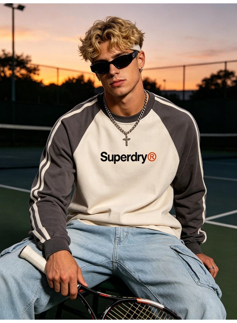 سوبر دراي Superdry with LOGO long-sleeved cotton T-shirt, casual color matching round neck shirt, striped side details, loose for men and women. - Image 2