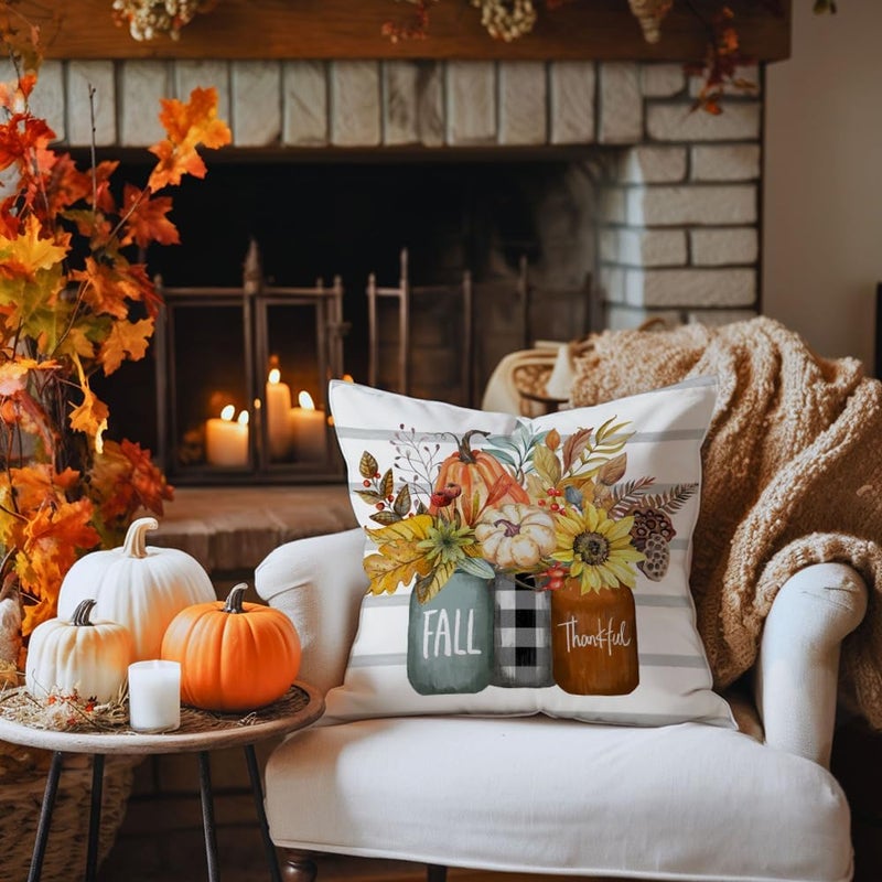 AACORS Fall Pillow Covers 18 x 18 Inch Set of 4  Pumpkin Home Sweet Home Thankful Grateful Blessed Harvest Floral Decorations Autumn Seasonal Pillow Case Decor for Sofa Couch AA275-18 - Image 3