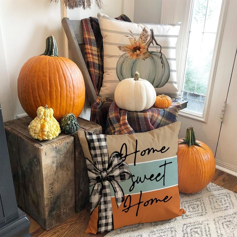 AACORS Fall Pillow Covers 18 x 18 Inch Set of 4  Pumpkin Home Sweet Home Thankful Grateful Blessed Harvest Floral Decorations Autumn Seasonal Pillow Case Decor for Sofa Couch AA275-18 - Image 2