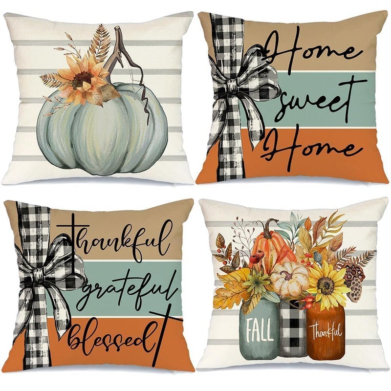 AACORS Fall Pillow Covers 18 x 18 Inch Set of 4  Pumpkin Home Sweet Home Thankful Grateful Blessed Harvest Floral Decorations Autumn Seasonal Pillow Case Decor for Sofa Couch AA275-18 - Image 1