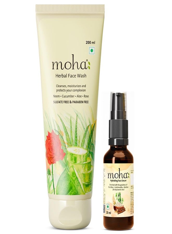 Moha Herbal Face Wash - 200 Ml & Hydrating Face Serum - 30 Ml Combo with Neem, Rose, Cucumber, Aloe Vera, Rice Bran, Yashtimadhu & Bamboo for Clean, Glowing, Moisturized & Anti-Aging Skin | Herbal Cleanser for Acne, Pimples & Fading Dark Spots | Powered by 2% Hyaluronic Acid & Licorice | Removes Impurities, Puffiness, Provides Even Tone & Lightens Blemished Skin | Daily Use Serum for Brightening Skin | Reduces Fine Lines, Pigmentation & Restores Radiance | Non-Greasy & Quick Absorbing for Women & Men - Pack of 2 - Image 1
