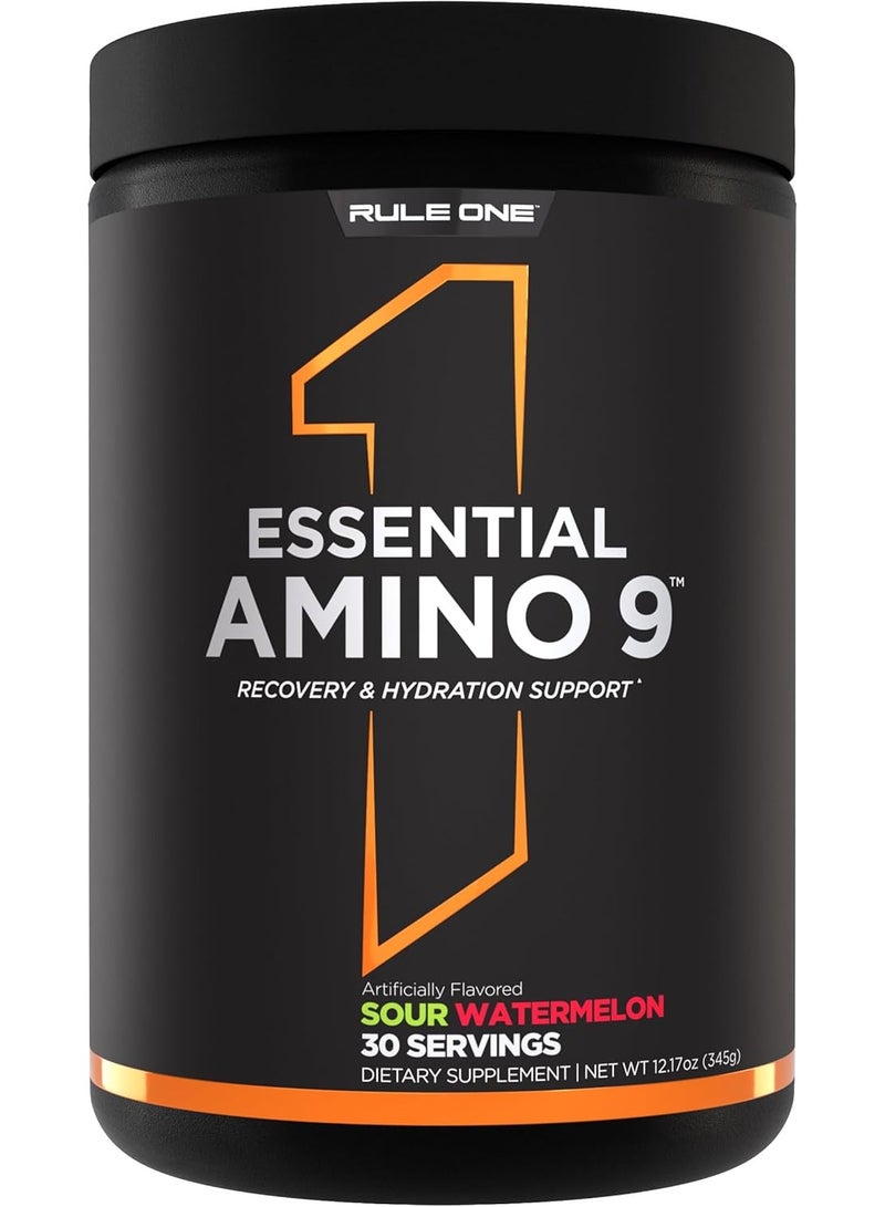Rule1 Essential Amino 9 Powder Sour Watermelon – 9 EAAs with 5g BCAAs & Electrolytes – Stimulant Free Amino Drink – 30 Servings - Image 1
