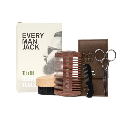 Every Man Jack Beard Grooming Tool Set Dual Tooth Comb Medium Stiffness Brush Stainless Steel Sheers with Mini Comb Complete Your Routine Travel Friendly