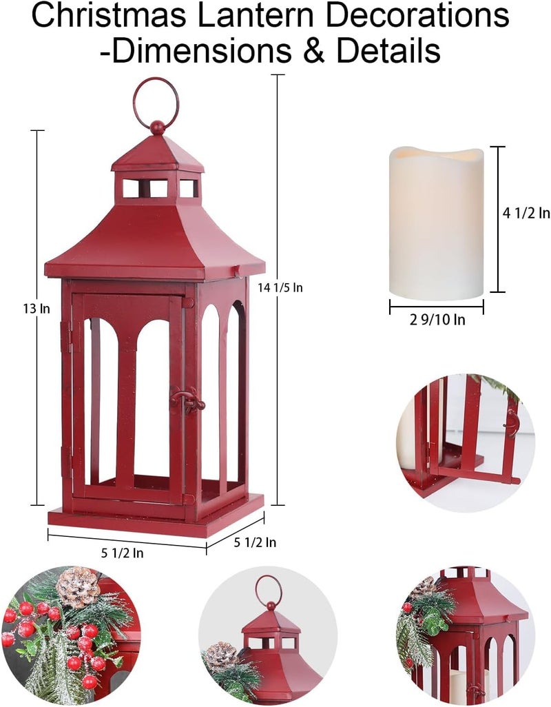 DECORKEY Christmas Decorations for Home, Decorative Christmas Lantern Indoor Outdoor Decor, Metal Hanging Candle Holder with Xmas Teardrop Wreath and LED Candle for Table Centerpieces, Patio (Red) - Image 2
