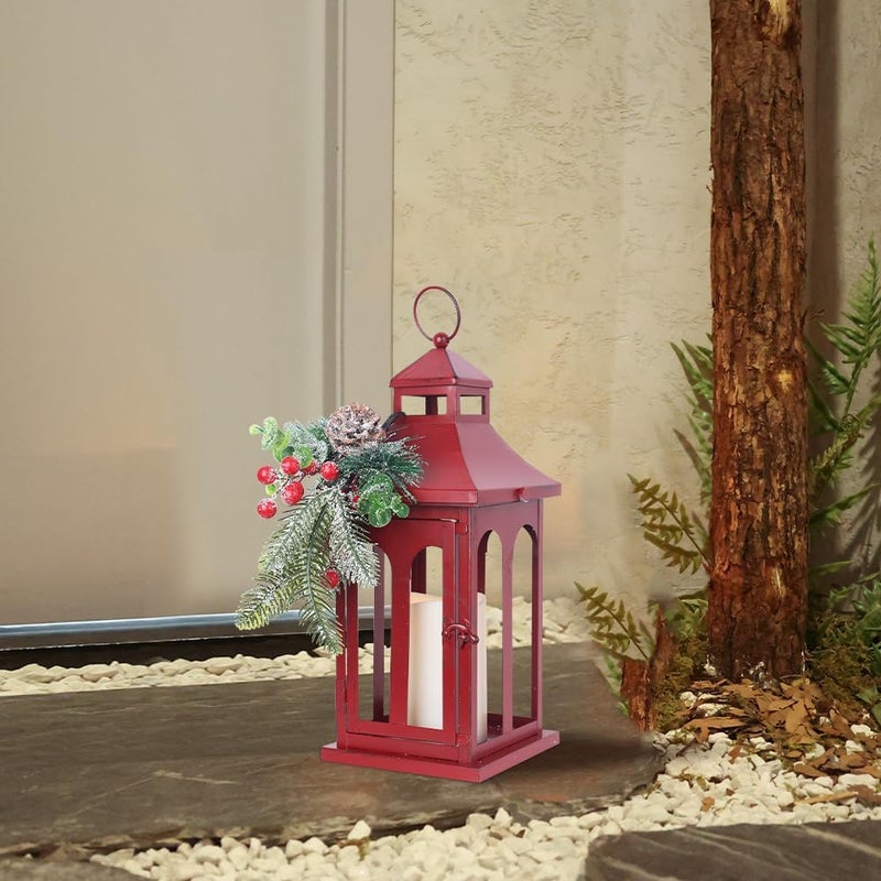 DECORKEY Christmas Decorations for Home, Decorative Christmas Lantern Indoor Outdoor Decor, Metal Hanging Candle Holder with Xmas Teardrop Wreath and LED Candle for Table Centerpieces, Patio (Red) - Image 5