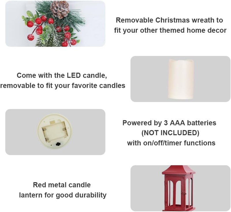 DECORKEY Christmas Decorations for Home, Decorative Christmas Lantern Indoor Outdoor Decor, Metal Hanging Candle Holder with Xmas Teardrop Wreath and LED Candle for Table Centerpieces, Patio (Red) - Image 3