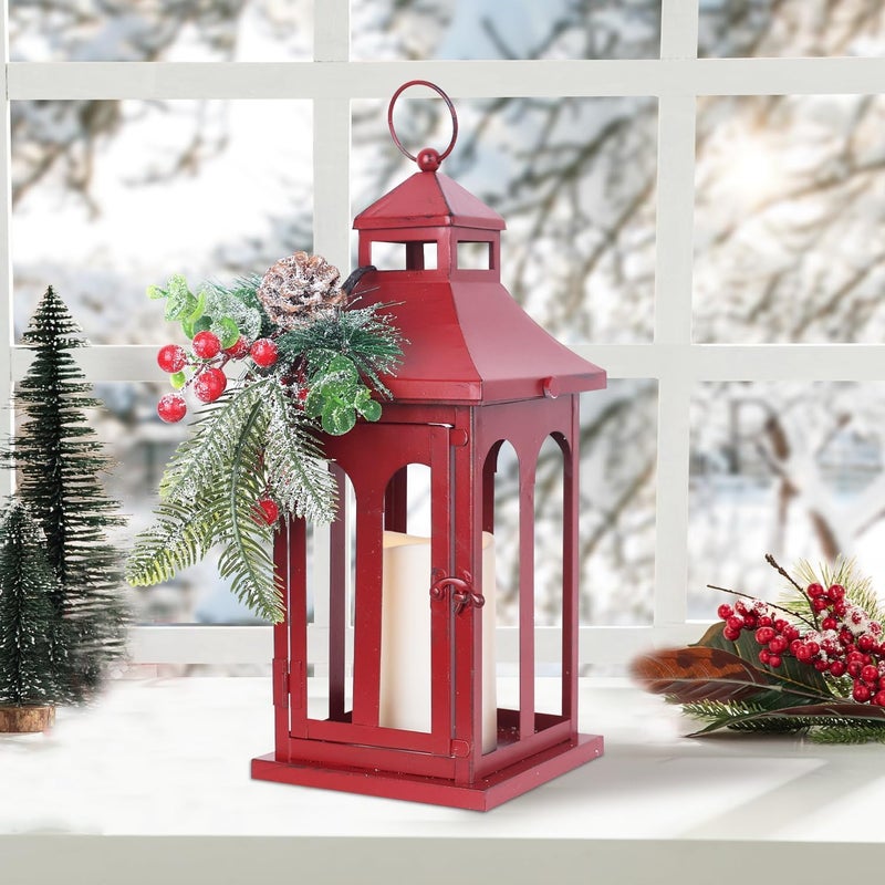 DECORKEY Christmas Decorations for Home, Decorative Christmas Lantern Indoor Outdoor Decor, Metal Hanging Candle Holder with Xmas Teardrop Wreath and LED Candle for Table Centerpieces, Patio (Red) - Image 1