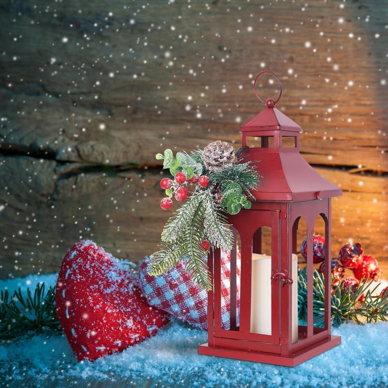 DECORKEY Christmas Decorations for Home, Decorative Christmas Lantern Indoor Outdoor Decor, Metal Hanging Candle Holder with Xmas Teardrop Wreath and LED Candle for Table Centerpieces, Patio (Red) - Image 4
