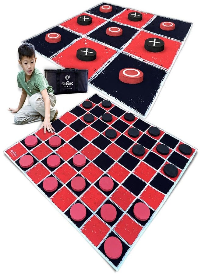 Swooc Games® - 2-in-1 Vintage Giant Checkers & Tic Tac Toe Game W/Mat (4ft x 4ft) - 100% Machine-Washable Canvas - Giant Outdoor Games for Kids - Yard Game for Kids - Jumbo Lawn Set - Large Checkers - Image 1