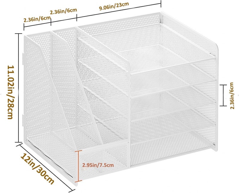 Marbrasse Desk Organiser with File Holder, 5 Tier Paper Letter Tray, Desk Mesh Storage Compartments Organiser with for Office Needs (White, No Drawer) - Image 4