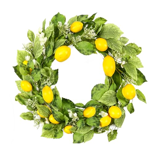 YNYLCHMX 18" Wreaths for Front Door, Artificial Floral Lemon Wreath with Green Eucalyptus Leaves, Green Foliage Wreath for Wall Window Farmhouse Party Holiday Home Decor - Image 1