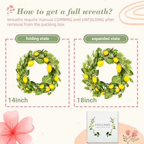 YNYLCHMX 18" Wreaths for Front Door, Artificial Floral Lemon Wreath with Green Eucalyptus Leaves, Green Foliage Wreath for Wall Window Farmhouse Party Holiday Home Decor - Image 3
