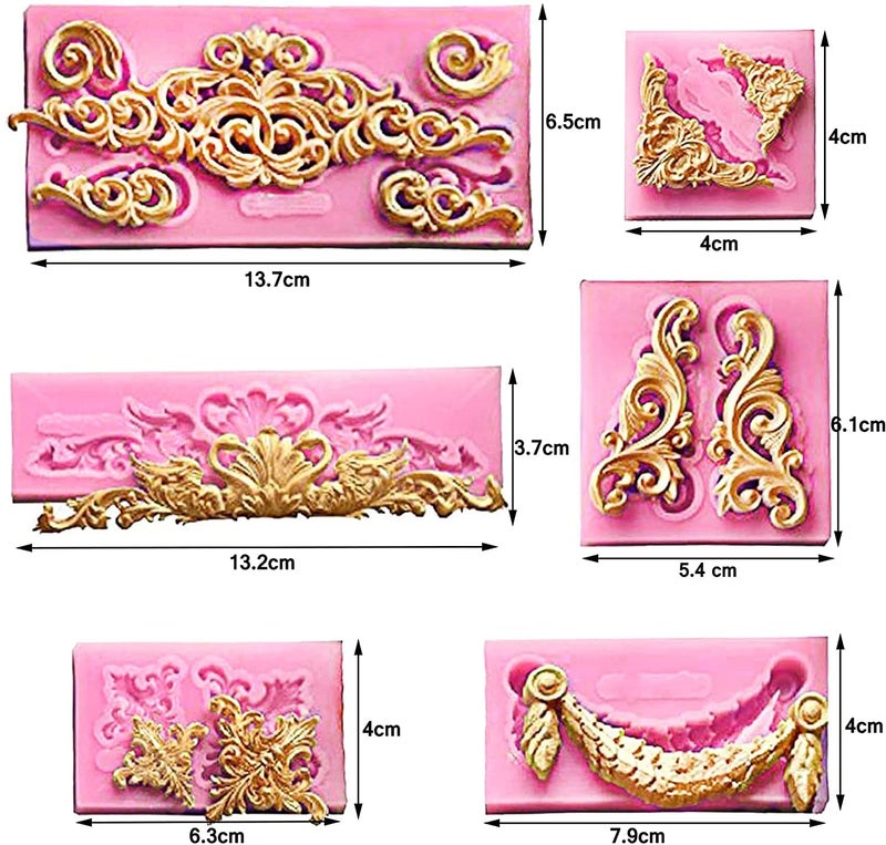 Jubilant Silicone Fondant Mold for Cake Decorating Curlicues Scroll Lace Border Candy Mold for Sugarcraft, Cupcake Topper(Color: Pink)(Set of 6) - Image 2