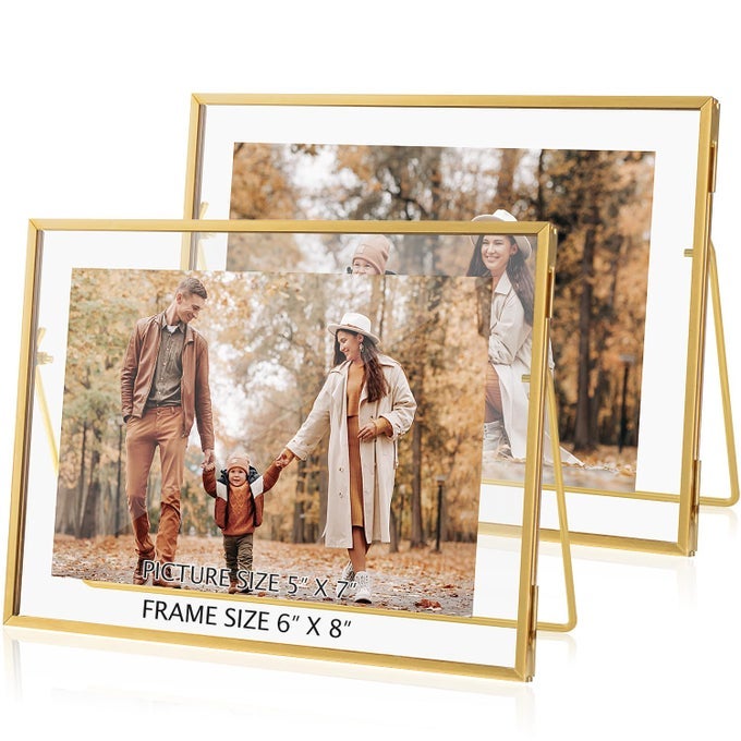 SET OF 2 GOLD FLOATING PICTURE FRAME FOR 5X7 PHOTOS GLASS PRESSED PICTURE FRAMES HORIZONTAL STANDING TABLETOP GLASS FLOATING FRAME FOR HOME DECOR