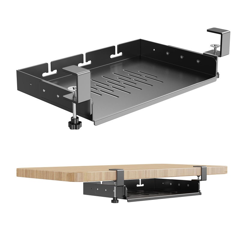 BYMECOST No Drill Under Desk Laptop Mount, Metal Under Desk Storage Shelf with Cable Management, Laptop Storage Tray for MacBook, Keyboard, Mac Mini, Anti-Scratch Silicone, Fits Office, Gaming, Workstations - Image 1