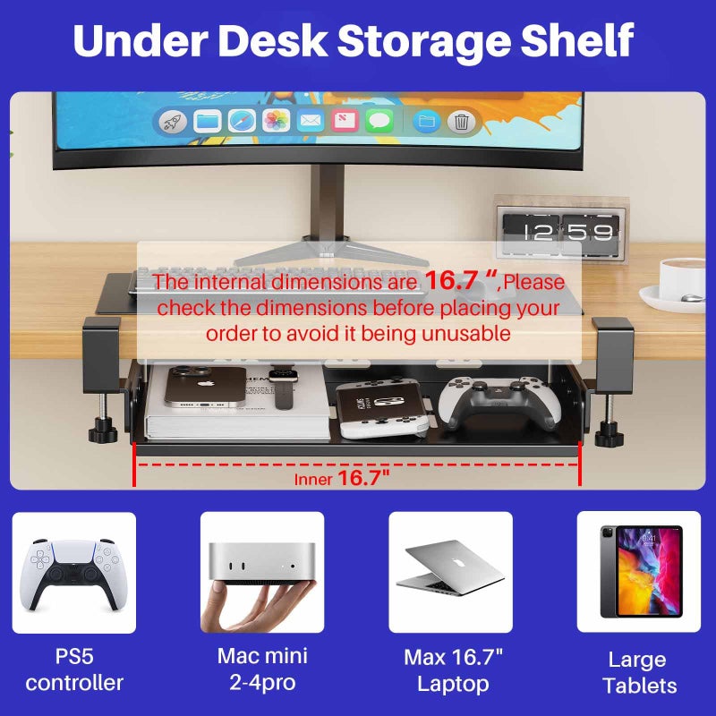 BYMECOST No Drill Under Desk Laptop Mount, Metal Under Desk Storage Shelf with Cable Management, Laptop Storage Tray for MacBook, Keyboard, Mac Mini, Anti-Scratch Silicone, Fits Office, Gaming, Workstations - Image 4